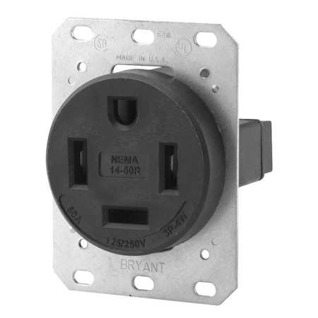 Bryant Straight Blade Receptacle, 14-60R, 60 A, 125/250V AC, 3 Pole, 4 Wire, Flush Mount, Grounded 9460FR